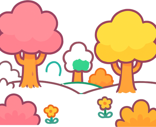 Un fondo colorido y brillante estilo caricatura. La escena es un bosque abierto alegre con colores pastel vibrantes, formas suaves y redondeadas, y un cielo azul claro con nubes esponjosas. El estilo es kawaii, juguetón y fantástico, con líneas suaves y una atmósfera feliz y amigable, perfecto para una introducción divertida y cute de un juego.
In-Game asset.  2d.  High contrast.  No shadows