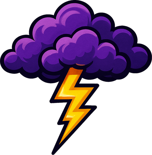 Nubes moradas de las que cae un rayo amarillo más realista en 2D.
In-Game asset.  2d.  High contrast.  No shadows