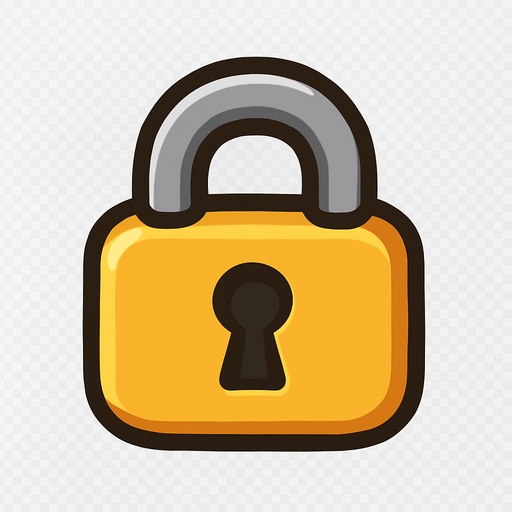 A small, flat 2D padlock icon designed for mobile games. The lock should be cartoon-style with a rounded body, thick outline, and a keyhole in the center. Use soft shadows and a slight 3D effect. The color should be golden yellow or metallic gray, clearly visible when placed over a flag. The icon must have a transparent background and be suitable for overlaying on a world map UI in a kids’ adventure game..
In-Game asset.  2d.  High contrast.  No shadows