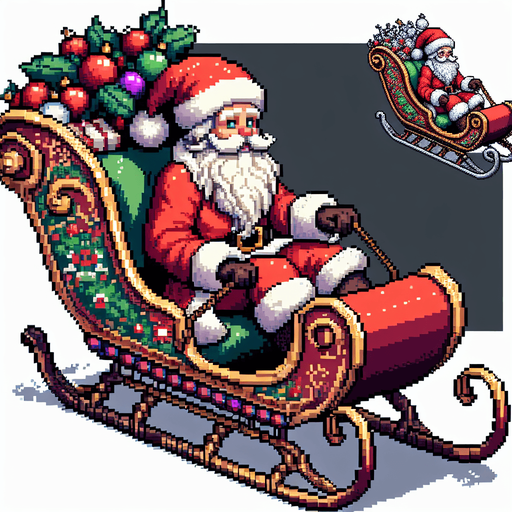 pixelart. christmas. santa in sleigh. from the side. flying. Single Game Texture. In-Game asset. 2d. Blank background. High contrast. No shadows.
