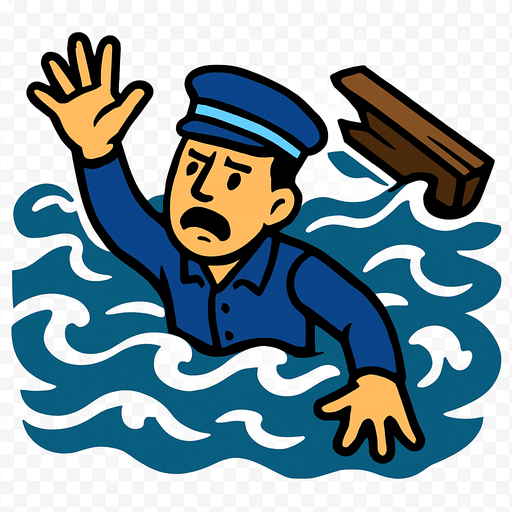 2D game asset, vector style, high contrast, flat colors, no shadows, single drowning male naval crew member wearing a blue naval uniform and a 2D blue naval hat, struggling in rough ocean waves, broken ship debris nearby, transparent background, PNG format, aimed for top-down 2D game..
In-Game asset.  2d.  High contrast.  No shadows