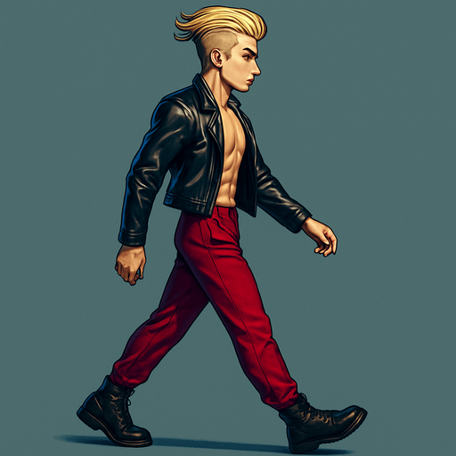Walking Front arm in front of body, front leg extended behind, back leg in front, limbs positions swapped, Swishy graceful man Cyberpunk manga, side profile view walking animation, shiny black leather biker jacket longsleeves shirtless Skinny abs blonde pompadour guy, wine red joggers combat boots, Background removed, "Full-body character, entirely in frame, no cropping of face, head, or feet" "Complete character visible, from head to toe, fully centered in the image" "Entire character, including face and boots, fully within the frame" Character fully contained within a square frame, no edges cut off fashion model idle pose