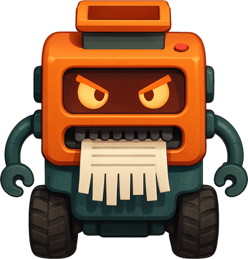 An aggressive mobile paper shredder robot. Viewed from a straight angle right in front. Cute soft graphics. soft ambient light. semi-matte to satin surfaces. naturalistic with slight saturation boost colors. 
In-Game asset.  2d.  High contrast.  No shadows. top down.
