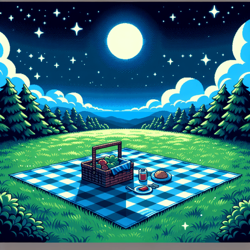 picnic bg in a night sky.
Single Game Texture.  In-Game asset.  2d.  Blank background.  High contrast.  No shadows