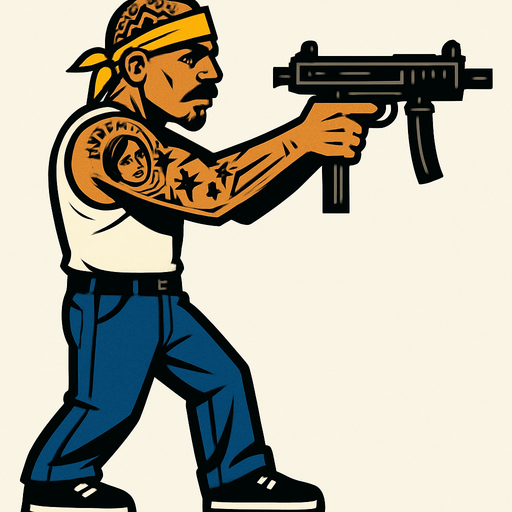 un pandillero mexicano apuntando con un SMG con la perspectiva lateral.
In-Game asset.  2d.  High contrast.  No shadows de cuerpo completo
