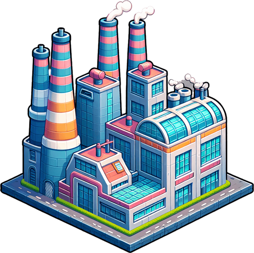 The outside of a factory in a cartoon style.
Single Game Texture.  In-Game asset.  2d.  Blank background.  High contrast.  No shadows