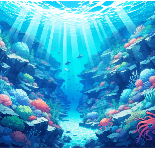 underwater, ocean, anime landscape
Single Game Texture. In-Game asset. 2d. Blank background. High contrast. No shadows.