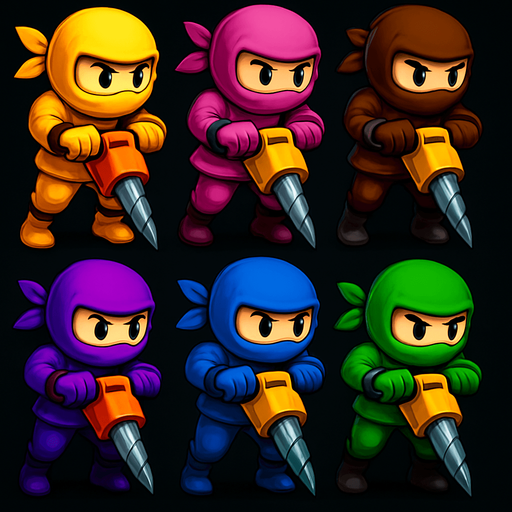 Same images of ninjas characters with digg machine but showing both legs. HD color
