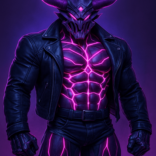 Black leather biker jacket longsleeves bare segmented neon cyberpunk pecs abs muscles robot monster hunk