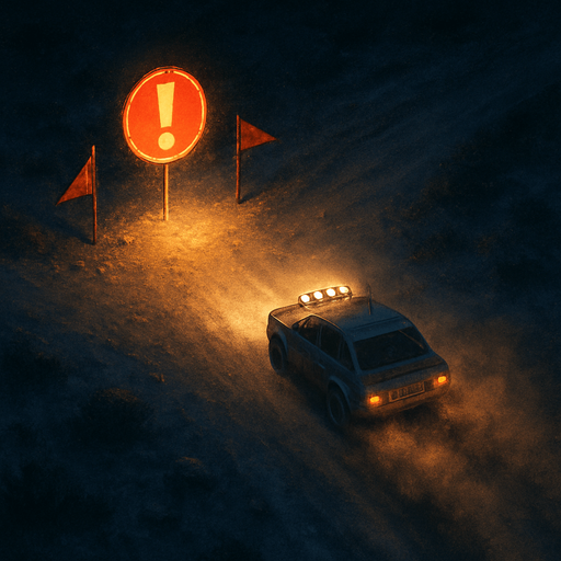 Checkpoint rally rod with dust in night, bird view