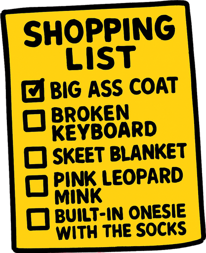 Shopping list that says Big ass coat, Broken keyboard, skeet blanket, pink leopard mink, built-in onesie with the socks.
In-Game asset.  2d.  High contrast.  No shadows