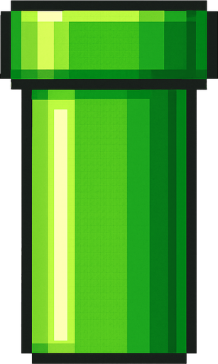 A pixel art green pipe bottom section from a side view, designed for a 2D side-scrolling game like Flappy Bird. The pipe is vertically stretched and has a bright green, smooth surface with subtle shading to show depth. The pipe should be closed at the bottom and open at the top, and it should look metallic and cartoonish, consistent with a retro game style..
In-Game asset.  2d.  High contrast.  No shadows. pixel art. side view. retro style. bright colors