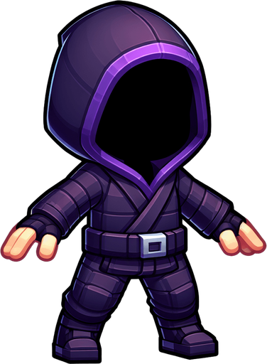 A ninja kid thief, full body, with a dark purple hoodie.
Single Game Texture. In-Game asset. 2d. Blank background. High contrast. No shadows.