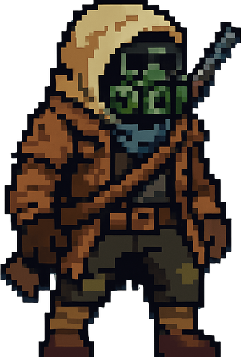 Post apocalyptic man pixel art less pixel.
In-Game asset.  2d.  High contrast.  No shadows. Pixel art