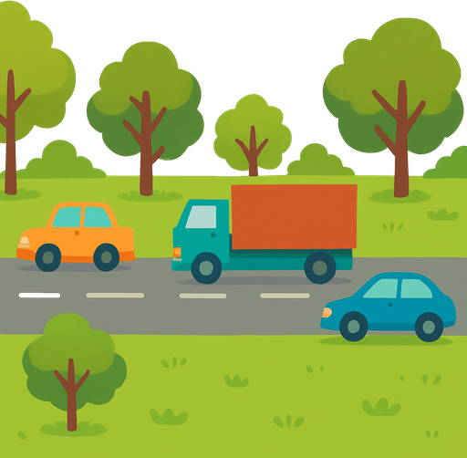 a grassy field with road trees and vehicles.
In-Game asset.  No shadows