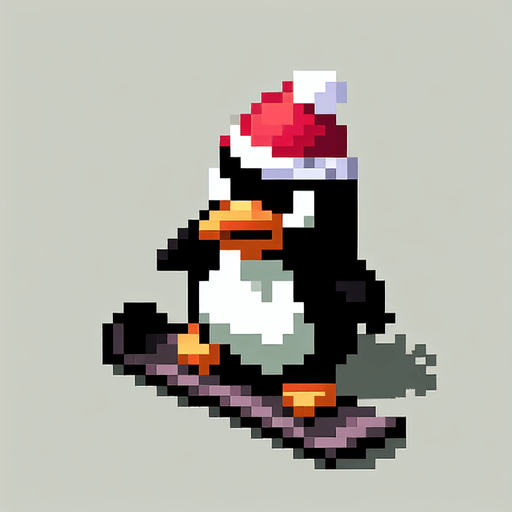 angry penguin snowboarder wearing a red santa hat. top-view. gta 2. seen from above. Single Game Texture. In-Game asset. 2d. Blank background. High contrast. No shadows. pixelated. 8 bit