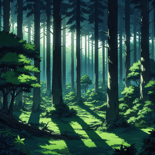 anime style green dark forest.
Single Game Texture.  In-Game asset.  2d.  Blank background.  High contrast.  No shadows
