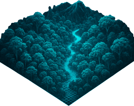 Top down isometric cyberpunk simulation hologram grid projection forest biome, wilderness dense foliage wild rainforest mountain river