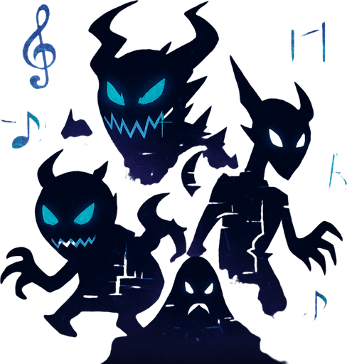 Design an icon for a button labeled "Enemies" in a fantasy tower defense game set in a haunted concert hall. The icon should represent the chaotic and musical nature of the enemies.

Show a cluster of stylized enemy silhouettes made of shadow, glitchy waveforms, or cracked musical notes. They should look menacing but stylized, like abstract creatures of sound and dissonance.

Use a dark, slightly glowing background (deep purple, blue, or smoky black) with subtle magical accents—floating broken clefs, static, or distortion.

Icon must be square (256×256 px), clean, and readable at small sizes.
Avoid text—use only imagery.
Style: semi-flat or digitally painted fantasy UI, consistent with an elegant but eerie orchestral theme..
In-Game asset.  2d.  High contrast.  No shadows