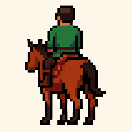 at üstünde olan pixel bir adam arkası dönük.
In-Game asset.  2d.  High contrast.  No shadows