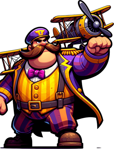 Wario flying an aeroplane.
Single Game Texture.  In-Game asset.  2d.  Blank background.  High contrast.  No shadows