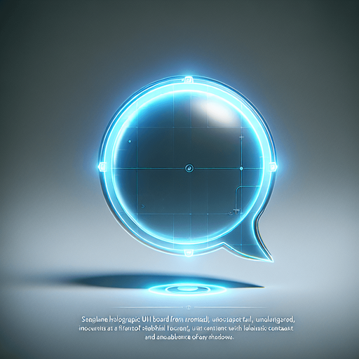 A 2D holographic UI board, viewed from the front, designed like a futuristic speech bubble. It has a flat, semi-transparent surface with a soft blue glow around its edges. The design is minimal and clean, incorporating a subtle holographic effect with smooth light accents, making it ideal for displaying text in a sleek, high-tech style.
Single Game Texture. In-Game asset. 2d. Blank background. High contrast. No shadows.