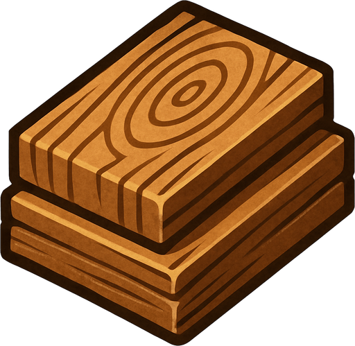 Crea un icono de madera que represente el recurso de construcción y mejora. Debe ser una pila de troncos cortados o un fajo de tablones de madera, vistos directamente desde arriba. La superficie superior debe mostrar la textura de la madera (anillos de crecimiento, vetas) y un sombreado que dé volumen a la pila..
In-Game asset.  2d.  High contrast.  No shadows