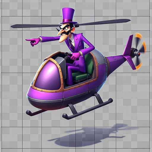 Waluigi flying a helicopter.
Single Game Texture.  In-Game asset.  2d.  Blank background.  High contrast.  No shadows