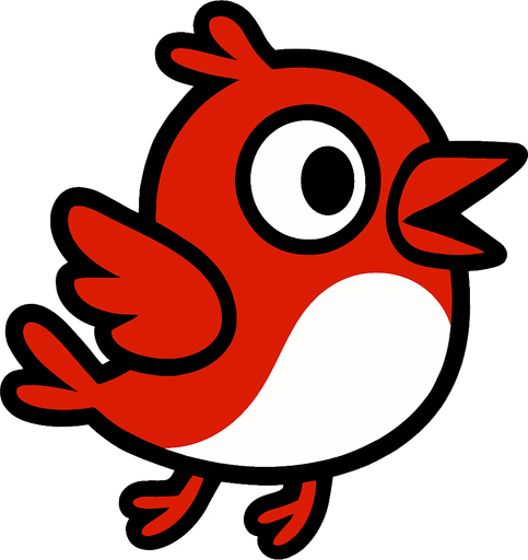 Single simple cartoon bird for a game titled "Flap & Bounce". The bird has lots red and white and is high contrast. Only bird. No shadows.
In-Game asset.  2d.  High contrast.  No shadows