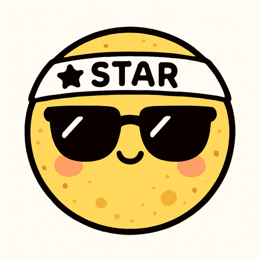 una luna redondita kawai con lentes de sol, en su frente lleva una sinta que dice STAR.
In-Game asset.  2d.  High contrast.  No shadows