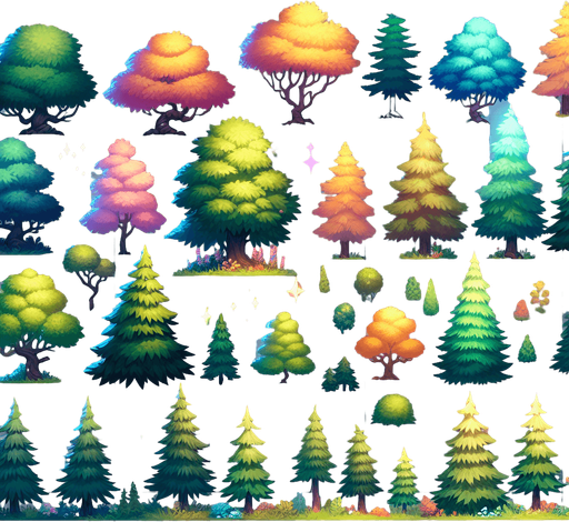 A group of stylized mid-ground trees for a vibrant 2D side-scrolling game. The trees should be clustered together, featuring a mix of pine and deciduous trees with slightly exaggerated shapes and soft shading. The colors should be rich and vibrant, blending well with a semi-realistic fantasy environment. Some trees should have glowing highlights on the edges for a magical effect. The background should be slightly blurred to create depth, with a painterly texture.".
Single Game Texture.  In-Game asset.  2d.  Blank background.  High contrast.  No shadows