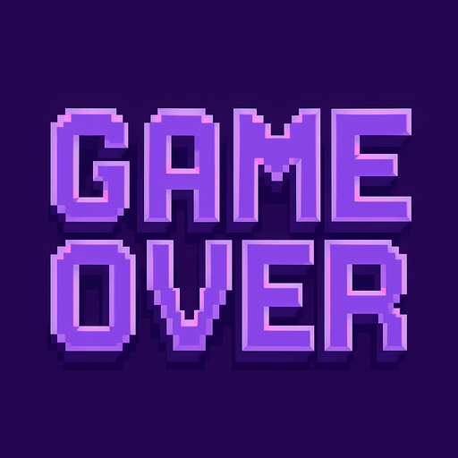 Pixel art “Game Over” text, bold retro arcade style, purple tones, glitch-free, clean and dramatic for rhythm game UI..
In-Game asset.  2d.  High contrast.  No shadows