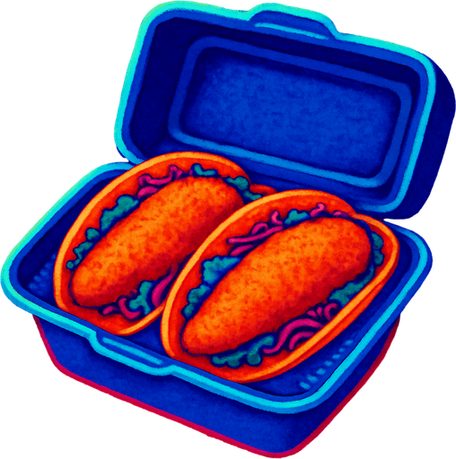 Two fish tacos in a to go box.