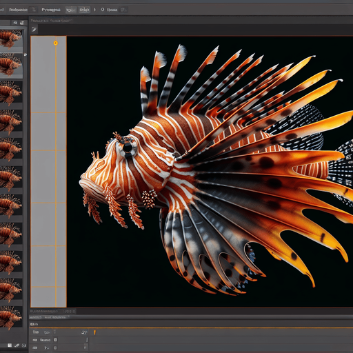 a realistic lionfish.
Single Game Texture. In-Game asset. 2d. Blank background. High contrast. No shadows.
