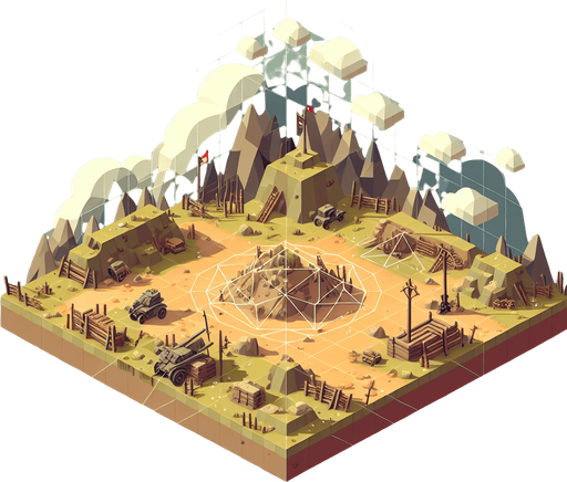 A 2d war symmetrical landscape low Polly.
Single Game Texture. In-Game asset. 2d. Blank background. No shadows.