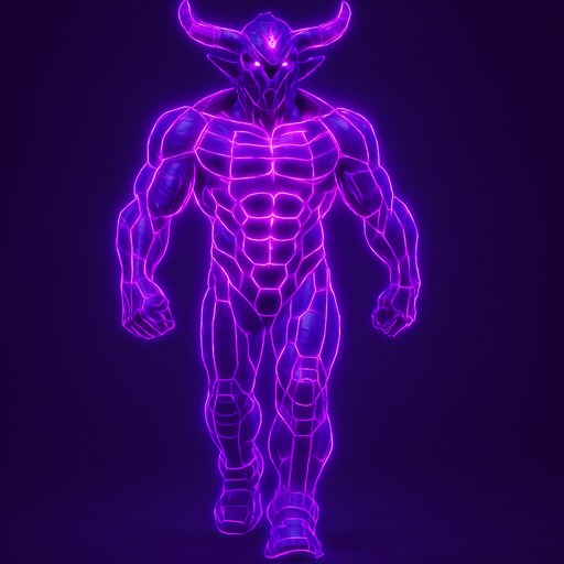 bare segmented neon cyberpunk pecs abs muscles robot monster hunk Neon cyberpunk 3d hologram corporate occult demon android mecha robot sentinel guard soldier machine monster fully in frame no part cut off no background anime futuristic Background removed, "Full-body character, entirely in frame, no cropping of face, head, or feet" "Complete character visible, from head to toe, fully centered in the image" "Entire character, including face and boots, fully within the frame" Character fully contained within a square frame, no edges cut off horns through boots Walking animation forward