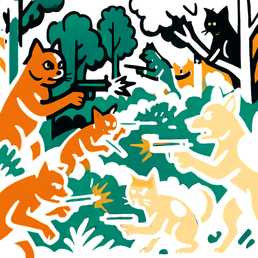 silahlı çaatışma içinde olan kediler ve köperklerle dolu bir orman.
In-Game asset.  2d.  High contrast.  No shadows