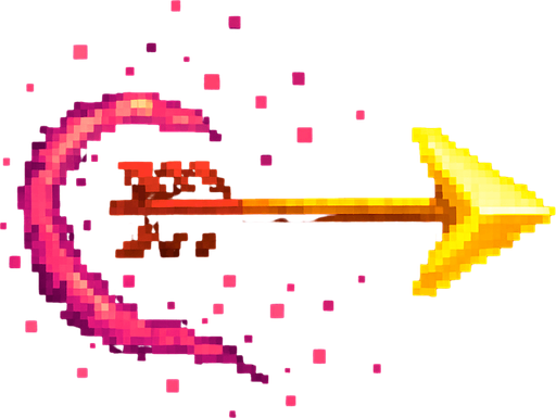 An icon of a glowing wooden arrow from a bow trailing pink particles. Pixel art..
In-Game asset.  2d.  High contrast.  No shadows
