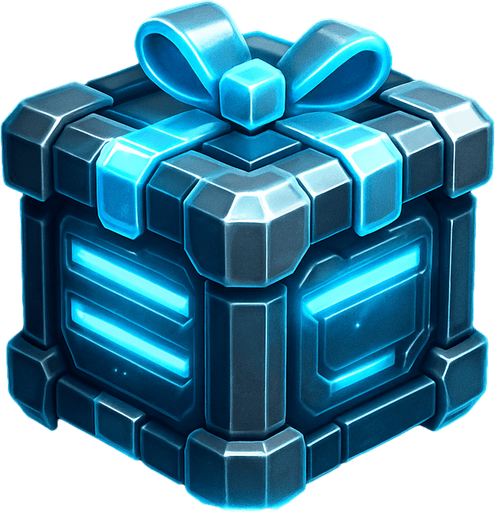A 2D sci-fi gift box or power-up crate floating in space, with a glowing metallic surface, futuristic design, bright neon blue and silver accents, and a soft pulsing light effect. The box should look valuable and mysterious, slightly levitating with subtle sparkles or energy rings around it. Designed for a top-down space shooter game. Transparent background, digital art, ideal for sprite use..
In-Game asset.  2d.  High contrast.  No shadows