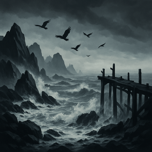 Stormy medieval coastline with jagged rocks and crashing waves, an old broken pier, sea mist, overcast skies, crows circling, moody and realistic.
In-Game asset.  2d.  High contrast.  No shadows