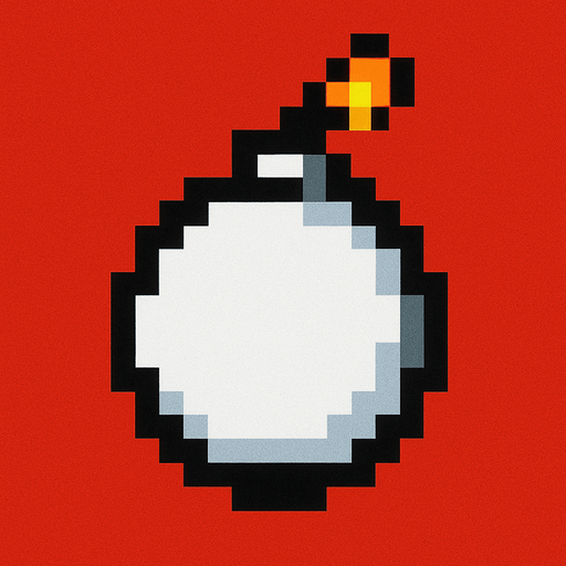 una bomba redonda, color blanco con bordes de color negro, es pixeleada de 16x16 (la imagen tiene fondo rojo).
In-Game asset.  2d.  High contrast.  No shadows