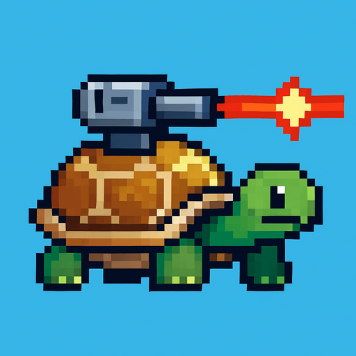 a turtle with a laser on her shell, pixel art.
In-Game asset.  2d.  High contrast.  No shadows