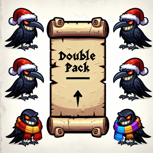 a pergament letter with the name "double pack". It has two evil smiling ravens with christmas hats and colorful scarves. vertical. Single Game Texture. In-Game asset. 2d. Blank background. High contrast. No shadows.