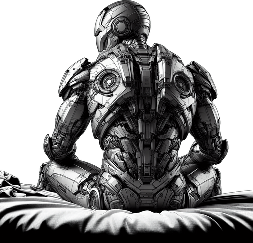 Hero is ironman and sitting on bed facing backward.
Single Game Texture. In-Game asset. 3d. Blank background. High contrast. No shadows.