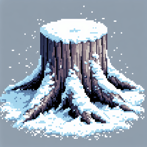 pixel art of a tree stump covered in snow. Single Game Texture. In-Game asset. 2d. Blank background. High contrast. No shadows.
