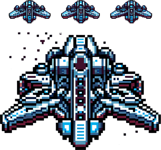 futuristic spaceship old nintendo game sprite.
Single Game Texture.  In-Game asset.  2d.  Blank background.  High contrast.  No shadows