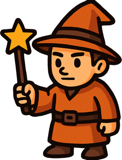 Mago con sombrero naranja y marrón sin barba con varita con estrella, de cuerpo entero.
In-Game asset.  2d.  High contrast.  No shadows