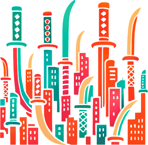 A Katana City.
In-Game asset.  2d.  High contrast.  No shadows