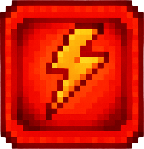 Pixel art of a red power-up icon with a bold lightning bolt symbol inside. Represents a temporary speed boost in a retro-style arcade game. Glowing red, square icon.
In-Game asset.  2d.  High contrast.  No shadows