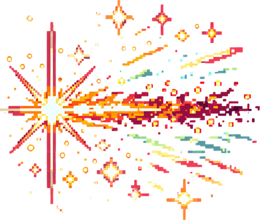 Create a series of pixel art images depicting a blaster shot. The blaster shot should be represented by a small, glowing projectile with a trail of smoke or sparks. The animation should consist of eight frames and loop continuously. Use a limited color palette of 16 colors or less, simple shapes and lines, and transparency for a seamless background. Employ standard pixel art techniques like dithering and anti-aliasing.
Bright flash, sizzling sound, swift arc, fading glow.
